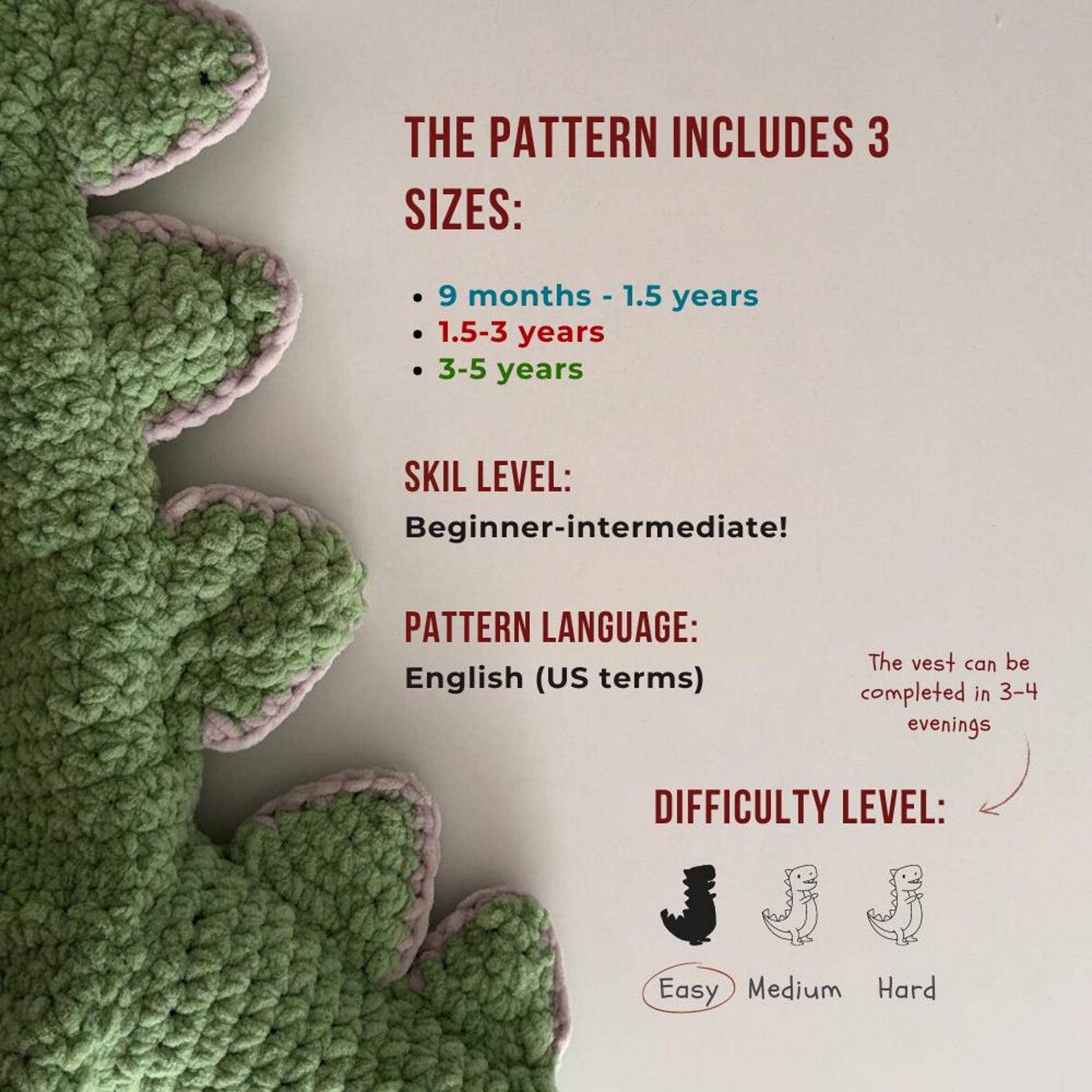 Crochet Pattern Dinosaur Vest